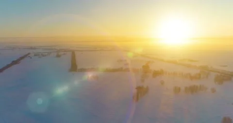 Aerial drone view of cold winter landscape with arctic field, trees covered with Stock Footage 197336558
