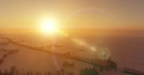 Aerial drone view of cold winter landscape with arctic field, trees covered with Stock Footage 221689132