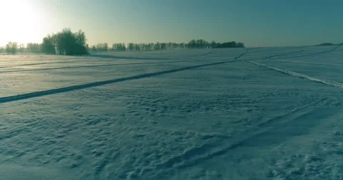 Aerial drone view of cold winter landscape with arctic field, trees covered with Stock Footage 221692022