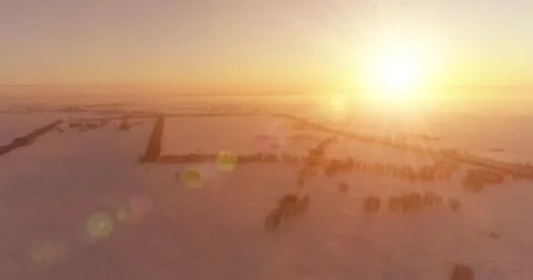 Aerial drone view of cold winter landscape with arctic field, trees covered with Stock Footage 291782391
