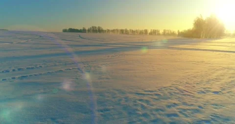 Aerial drone view of cold winter landscape with arctic field, trees covered with Stock Footage 291787474