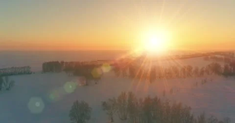 Aerial drone view of cold winter landscape with arctic field, trees covered with Stock Footage 310717531