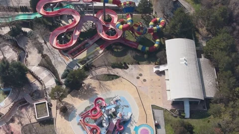 Aerial Drone View Of Colorful Water Park Slides And Pools Stock Footage 330131553