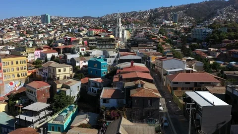 Aerial drone view of Colourfully decorated houses on the hills of the historic Stock Footage 105870181