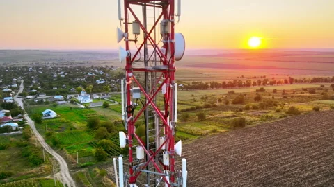 Aerial drone view of a communication tower, located near a village in Moldova. Stock Footage 161324587