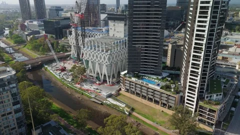 Aerial drone view of the construction of a new museum at Parramatta, Sydney NSW 스톡 동영상 291511018
