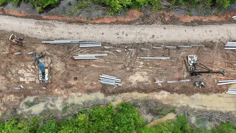 Aerial Drone View of Construction Site with Precast Concrete Spun Piles Stock Footage 340178194