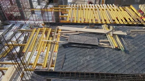 Aerial drone view of construction without workers. Slow motion. Industrial Stock Footage 171089231
