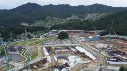 Aerial drone view of the constructions development site. 動画素材 218117013