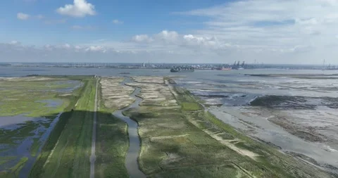 Aerial drone view of the container port in Antwerpen, Belgium. 스톡 동영상 256035626