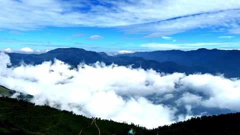 Aerial drone view cool tablet running in drone where lots of clouds go from the Stock Footage 264085684