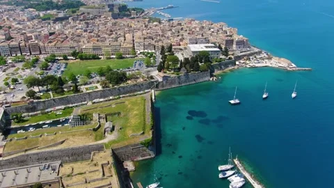 Aerial drone view of Corfu's Old Town, Greece, flying over the Old Fortress Stock Footage 319445023