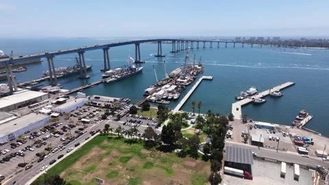 Aerial Drone View of Coronado Bridge and Shipyard in San Diego, CA Stock-Footage 340657309