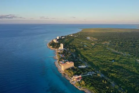 Aerial drone view of Cozumels Island with hotels, beach and tropical forest Stock Photos