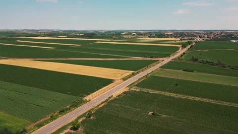 Aerial drone view of crop fields forming patterns across rural landscape Stock Footage 342236011