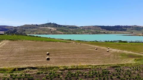 Aerial drone view with cultivated fields of lake Arancio, Sicily, 4k 스톡 동영상 148753989