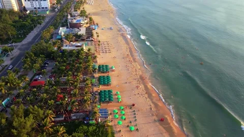 Aerial drone view of Da Nang beach with coastal road and tropical shoreline Stock Footage 340536455