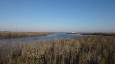 Aerial drone view on Danube River in Serbia near Novi Sad in morning Stock Footage 236173978