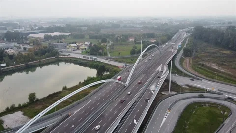 Aerial Drone View of Darwin Bridge in Padova with Moving Traffic timelapse Stock Footage 304965600