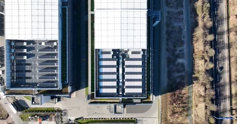 Aerial drone view on Data Centers, Rechenzentrum Frankfurt 3, Stock Footage 303141866
