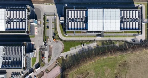 Aerial drone view on Data Centers, Rechenzentrum Frankfurt 3, Stock Footage 303141910