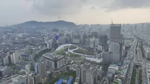Aerial Drone View of DDP Dongdaemun Design Plaza Architecture and Cityscape Stock-Footage 338316879