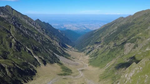 Aerial drone view of a deep glacial valley in the Fagaras Mountains. Stock Footage 344041334