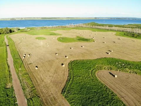 Aerial Drone View of Devils Lake Farm in North Dakota Stock Photos