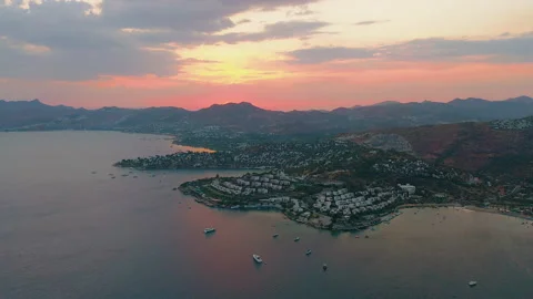 Aerial drone view of district of Bodrum Bitez at beautiful sunset Video stock 165455673