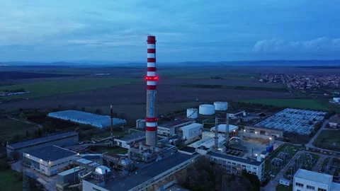 Aerial drone view to district heating on Burgas, Bulgaria evening 스톡 동영상 322785103