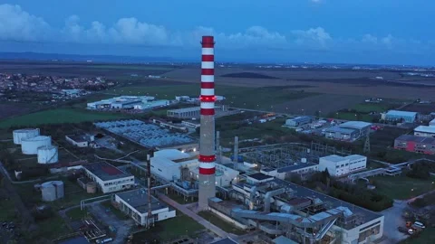 Aerial drone view to district heating on Burgas, Bulgaria evening 스톡 동영상 322785162