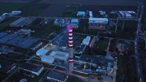 Aerial drone view to district heating on Burgas, Bulgaria evening 스톡 동영상 322785607
