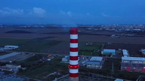 Aerial drone view to district heating on Burgas, Bulgaria evening 스톡 동영상 322785806