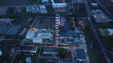 Aerial drone view to district heating on Burgas, Bulgaria evening 스톡 동영상 322785873