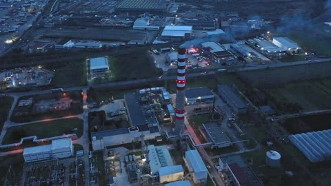 Aerial drone view to district heating on Burgas, Bulgaria evening 스톡 동영상 322787334