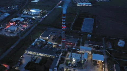 Aerial drone view to district heating on Burgas, Bulgaria evening 스톡 동영상 322787360
