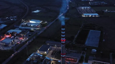 Aerial drone view to district heating on Burgas, Bulgaria evening 스톡 동영상 322787727