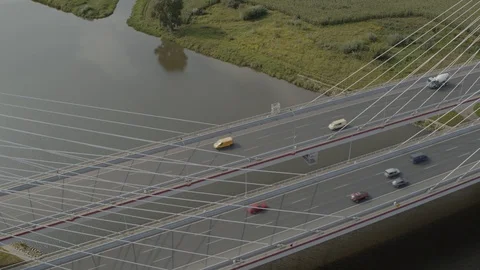 Aerial drone view of double cable-stayed bridge over Vistula River Stock Footage 104595167