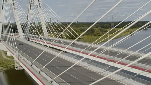 Aerial drone view of double cable-stayed bridge over Vistula River Stock Footage 104595393