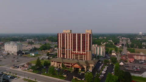 Aerial drone view of DoubleTree Falls view Resort by Hilton in Niagara Falls Stock Footage 316359148