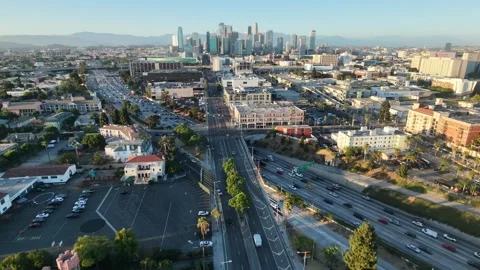 Aerial Drone View of Downtown Los Angeles Skyline and Freeway Traffic Vídeo Stock 340656630