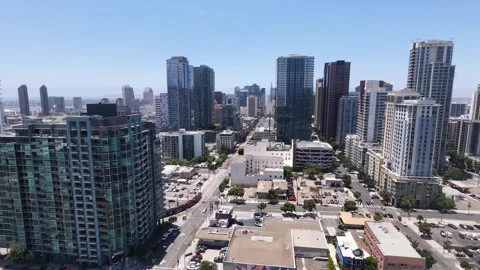 Aerial Drone View of Downtown San Diego Skyline and Cityscape on Sunny Day Stock Footage 340657340