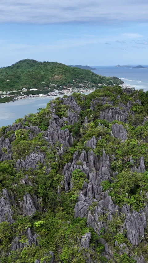 Aerial drone view of dramatic limestone rock formations overlooking a coastal Stock-Footage 332420950