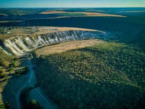 Aerial drone view of dramatic Old Orhei cliffs and plains near Trebijeni vill Stock-Fotos