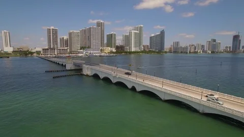 Aerial drone view of draw bridge over the bay in Miami Stock Footage 100856875