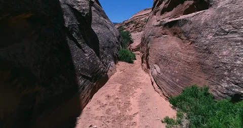 Aerial drone view of a dried riverbed and plants at Capitol Reef Stock Footage 95606108