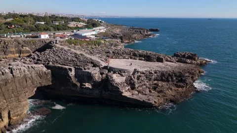 Aerial drone view of drone fast-approaching Boca do Inferno in Cascais, Portugal Stock Footage 295269845