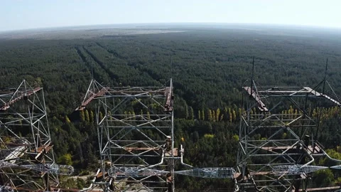 Aerial Drone view of Duga horizon radar system in Chernobyl. Woodpecker Duga 2 Stock Footage 153369157