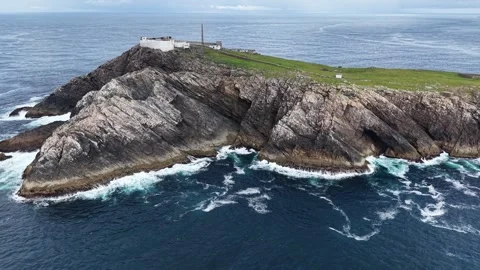 Aerial drone view of Eagle Island Lighthouse station, Belmullet, Ireland. Stock Footage 345814152
