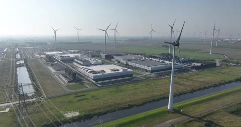 An aerial drone view on the Eemshaven, data center, The Netherlands. Stock Footage 292371016